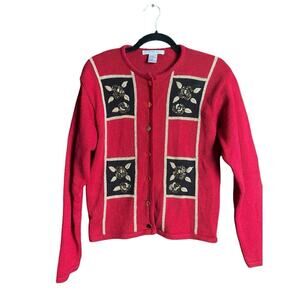 Vintage Lise J Red Beaded Cardigan Sweater Size M Holiday Sweater